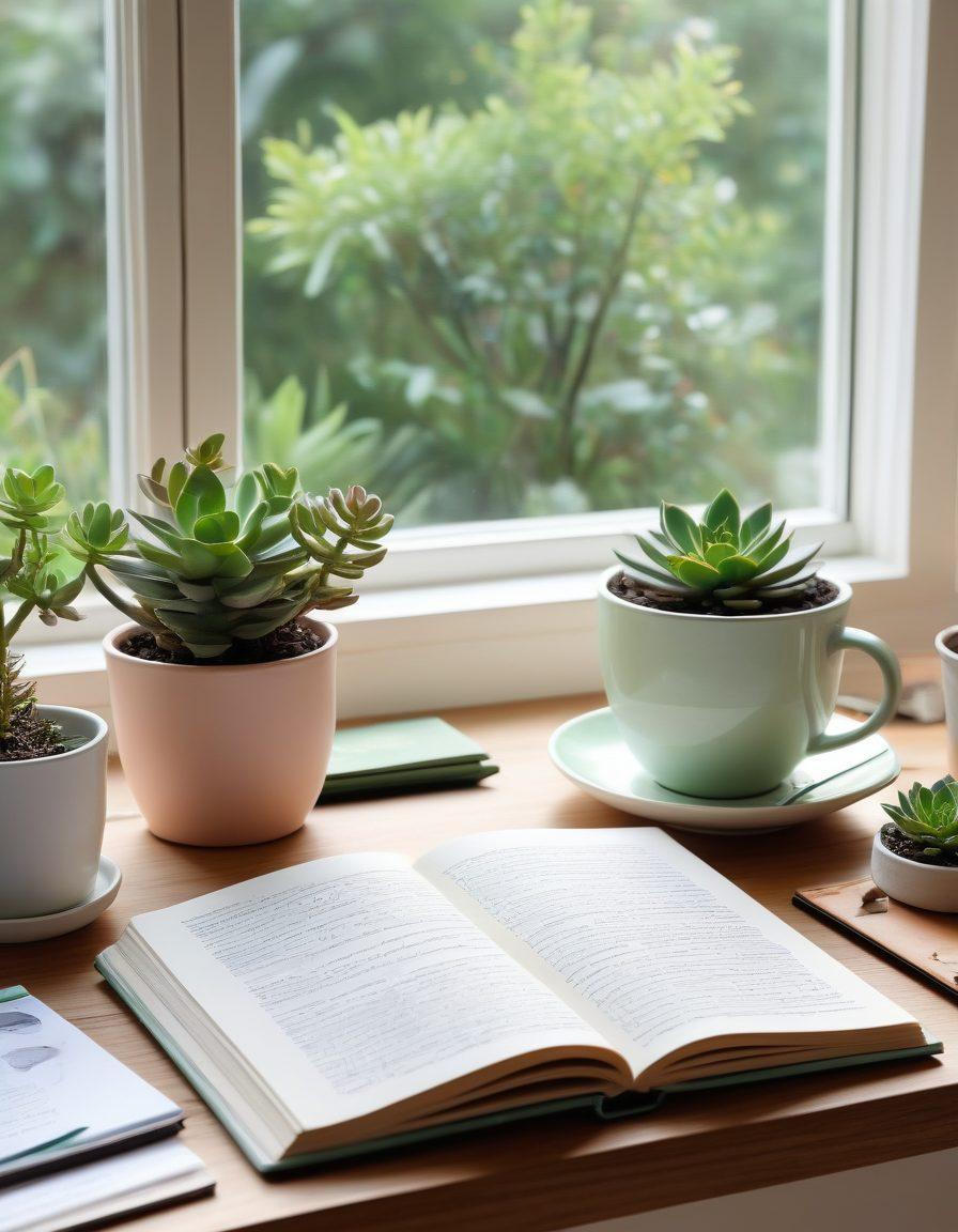 A serene desk setting bathed in natural light, showcasing an open journal with handwritten notes and colorful doodles. Surrounding the journal are calming elements like a steaming cup of herbal tea, succulents, and a tranquil view of nature through a window. Soft pastel colors and a gentle, inviting atmosphere evoke feelings of peace and reflection. modern watercolor style. soft lighting. uplifting tones.