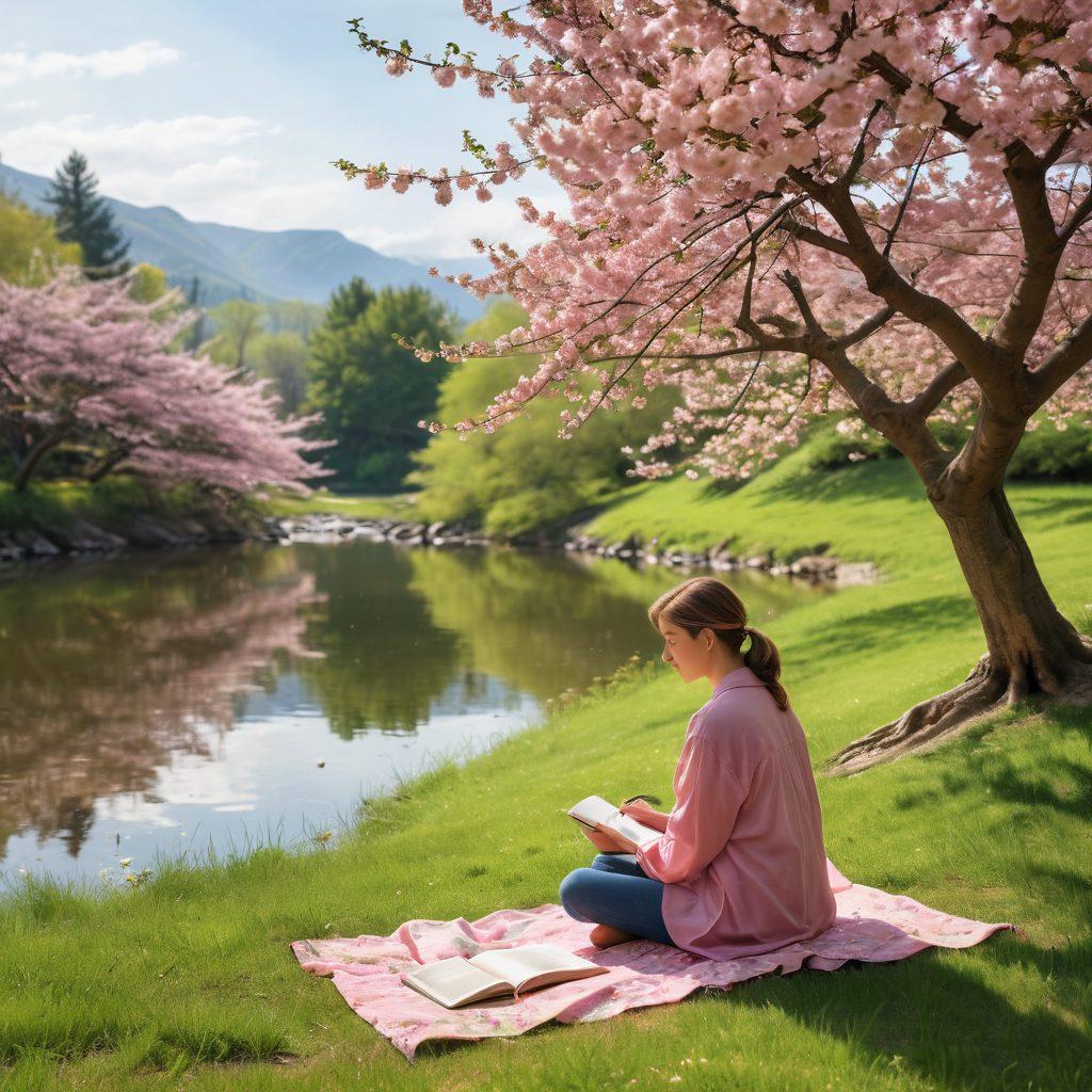 A serene scene of a person writing in a journal under a blooming cherry blossom tree, surrounded by vibrant spring flowers. The soft sunlight filters through the tree branches, casting a warm glow on the person who looks peaceful and content. A small cup of tea sits beside them, symbolizing mindfulness. The background features a gentle river and distant green hills, evoking tranquility and joy. super-realistic. vibrant colors. peaceful atmosphere.
