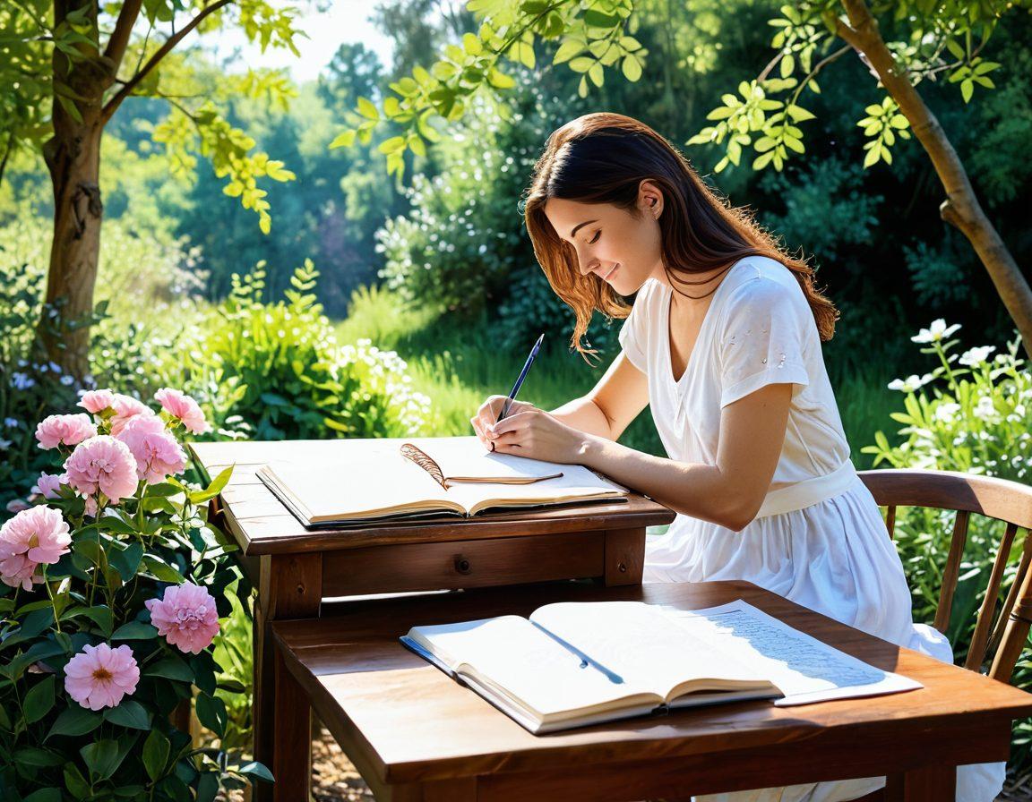 A serene, open journal lies on a sunlit table, surrounded by blooming flowers and gentle sunlight filtering through the trees. A calm person is seen penning reflections, with a soft smile, embodying tranquility and positivity. In the background, a peaceful nature scene blends with hints of vibrant colors symbolizing joy and happiness. The overall atmosphere evokes a sense of serenity and personal growth. watercolor painting. vibrant colors. nature-inspired.